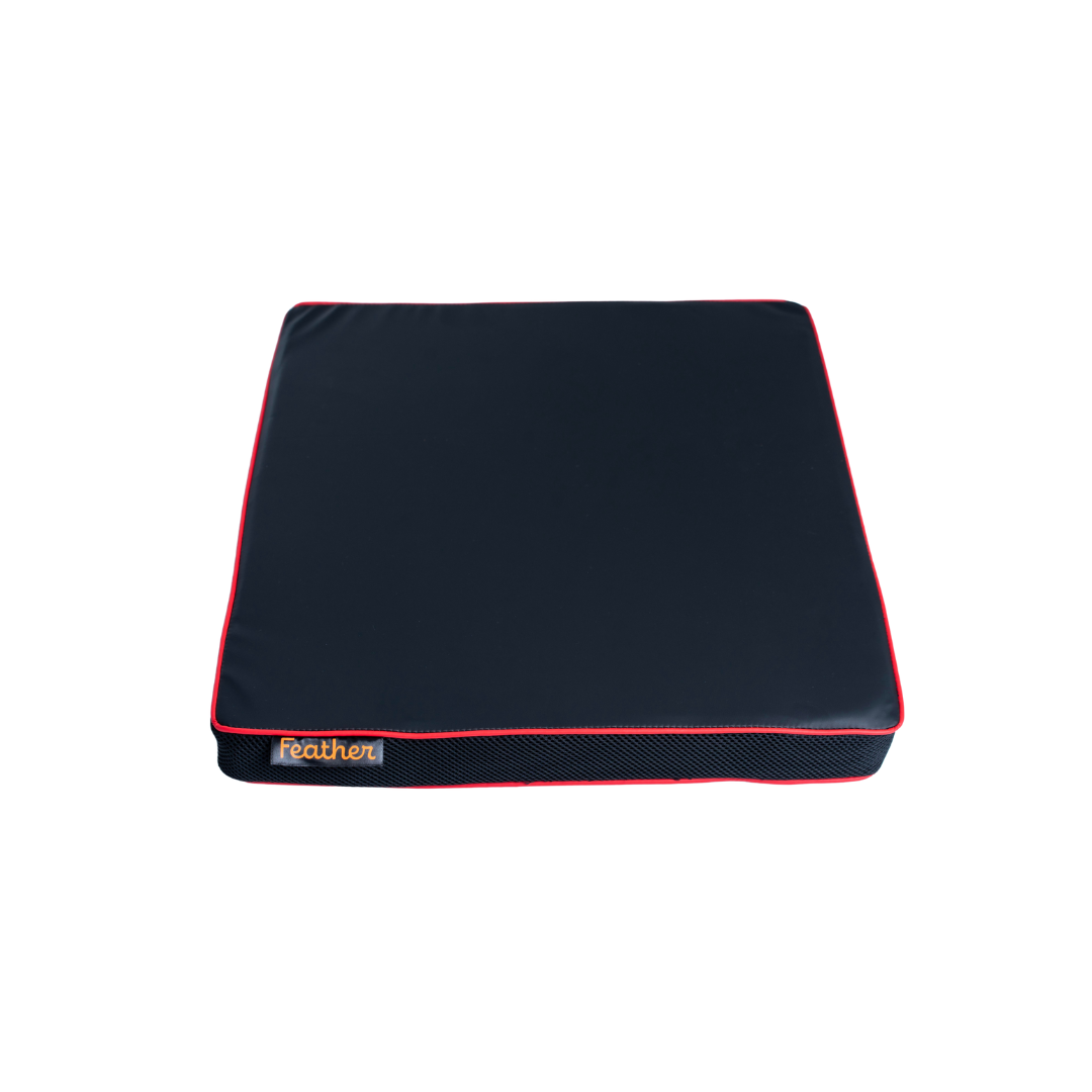 A square, dark-colored Feather Portable Cushion with red piping, a front label reading "Feather," and a convenient handle is shown on a plain white background.